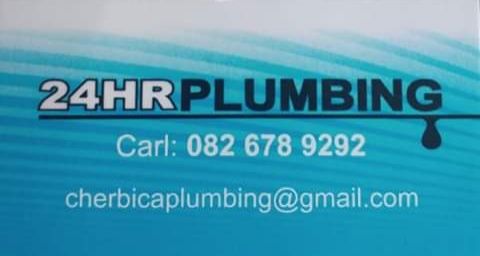 "24HR Plumbing" blue signage with contact number 082 678 9292 and email cherbicaplumbing@gmail.com.