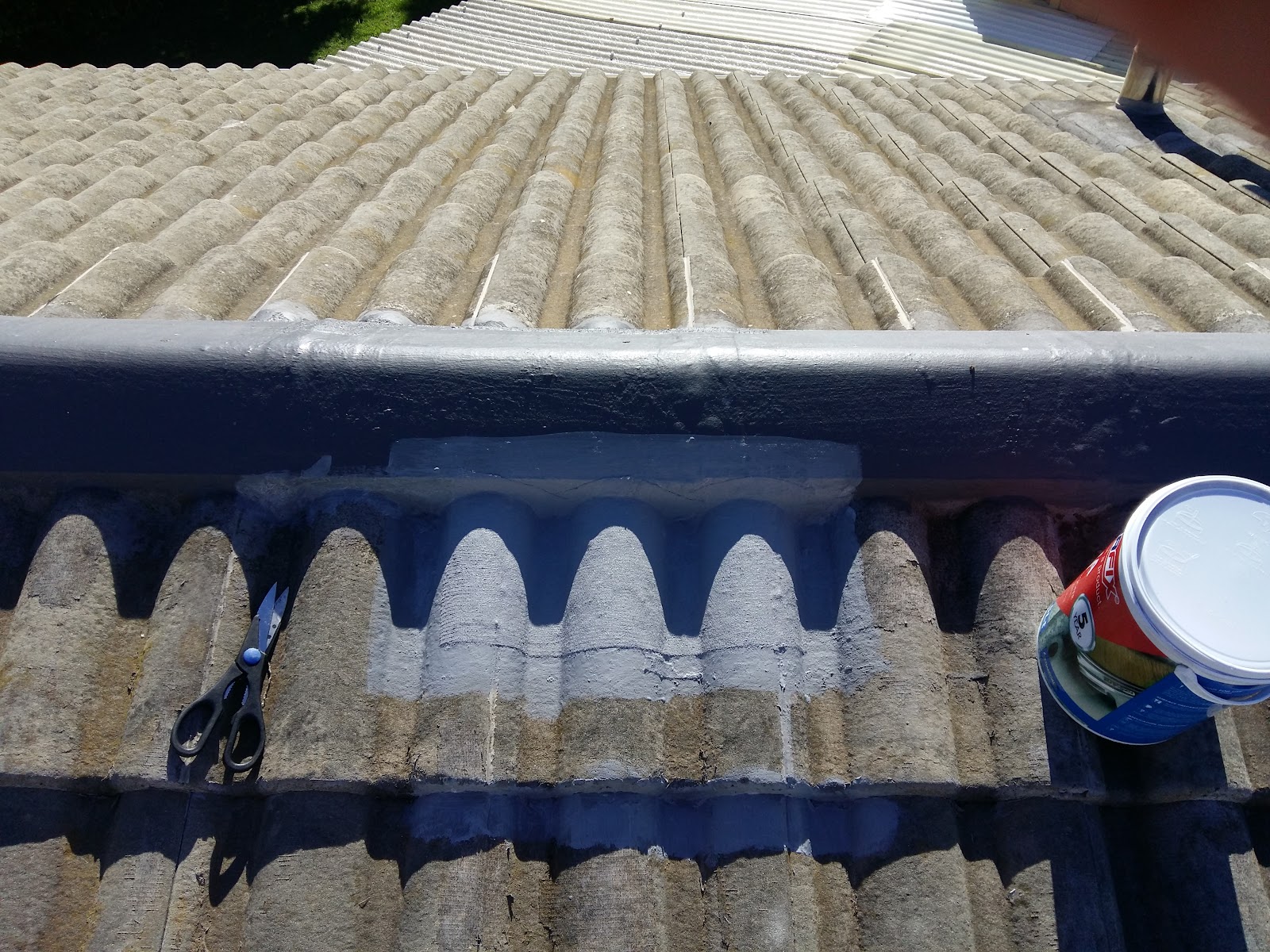 Asbestos roof sheeting with blue painted trim and white edge stripe, alongside paint can and tools.