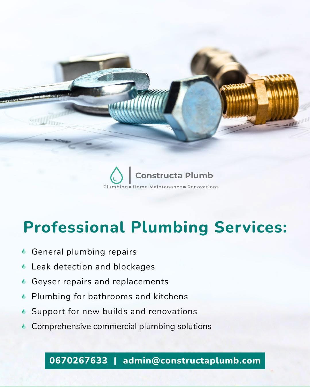 Constructa Plumb branding with plumbing tools, wrench and brass fittings on white background.