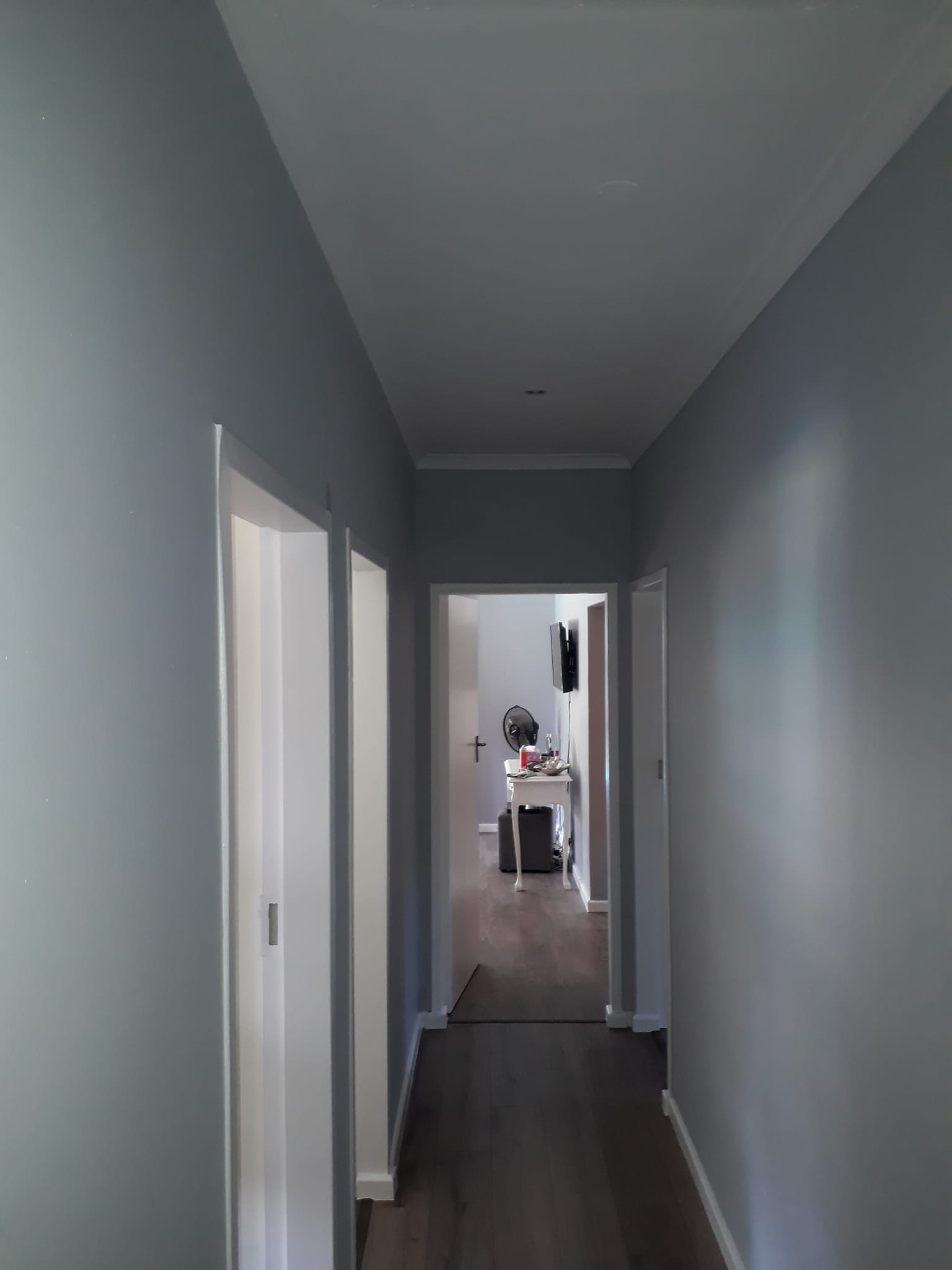 Interior hallway with grey walls, white doors, concrete flooring, minimal furnishings visible.