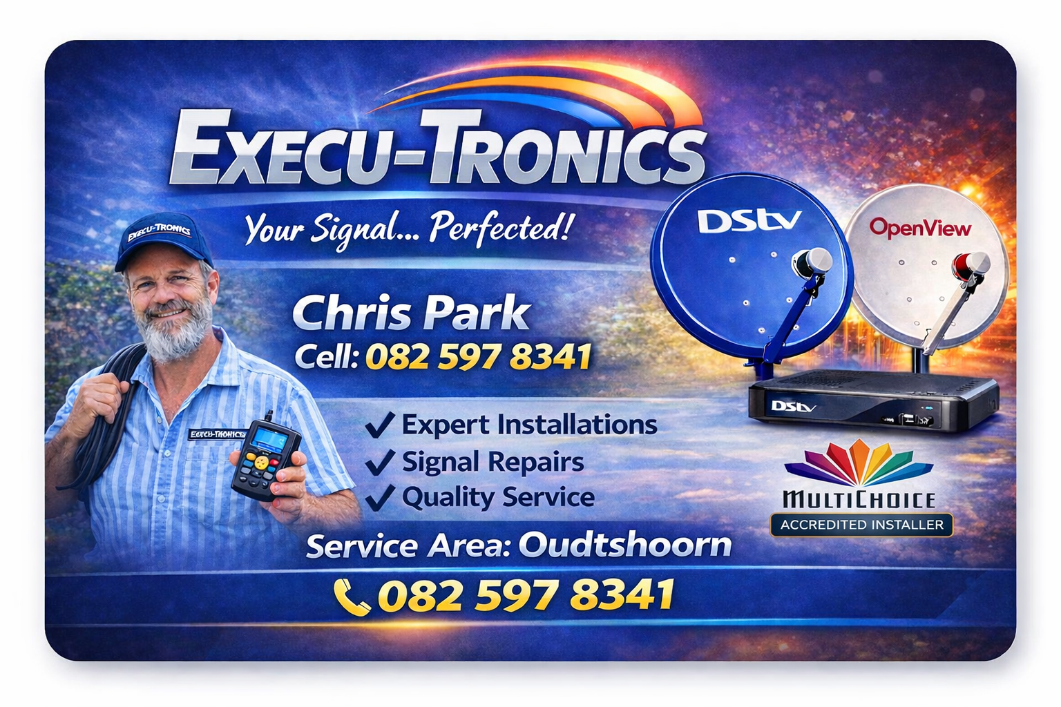 Execu-Tronics branding with technician Chris Park, DStv/OpenView equipment, contact details.