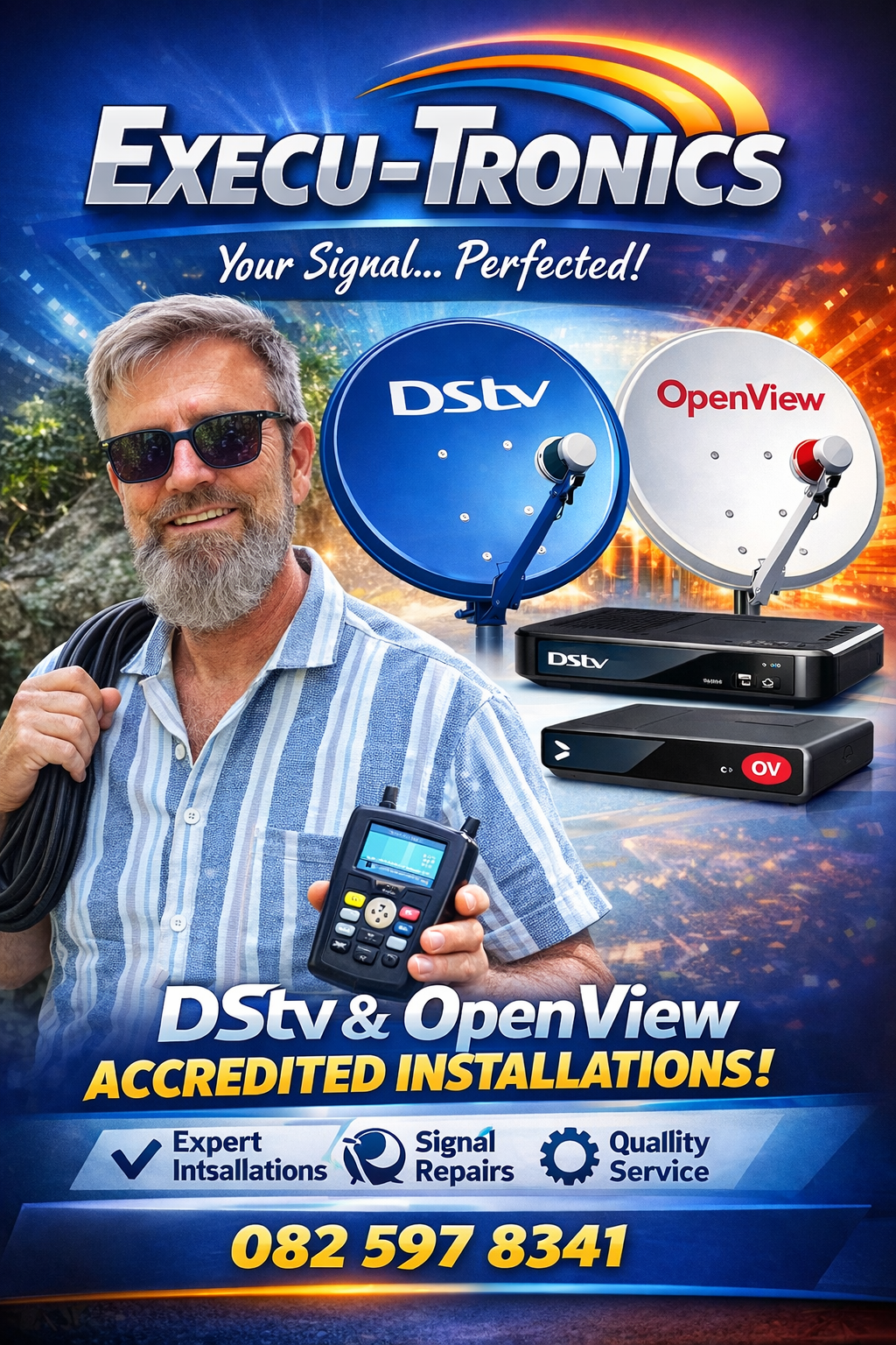 Execu-Tronics promotional image with technician holding signal meter, satellite dishes, receivers.