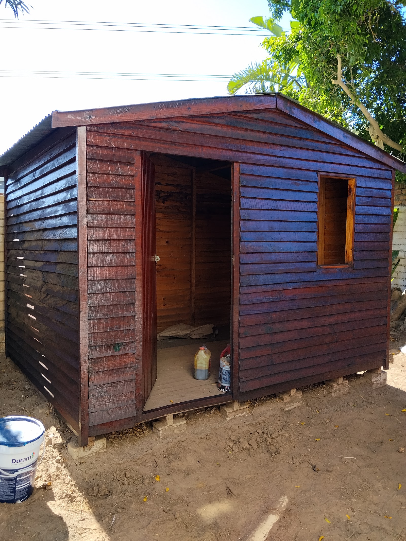 Weathered wooden garden shed with corrugated metal roof, open doorway, and paint containers outside.
