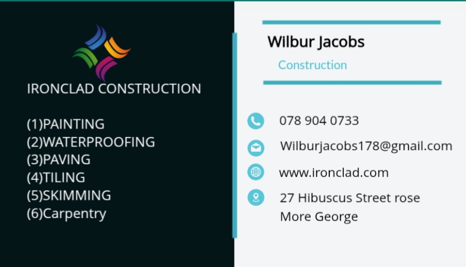 Ironclad Construction service menu displaying painting, waterproofing, paving, tiling, skimming, and carpentry with contact details.