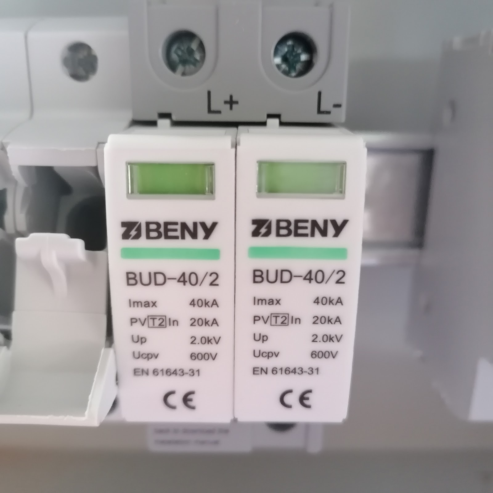 BENY brand surge protection devices BUD-40/2 mounted on electrical panel.
