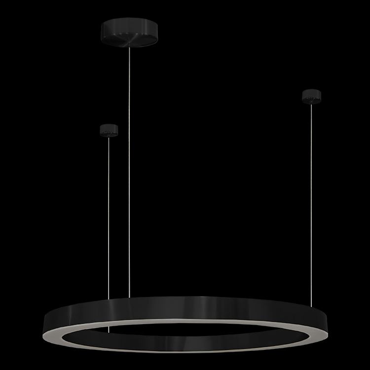Black modern pendant light fixture with three hanging canopies against dark background.
