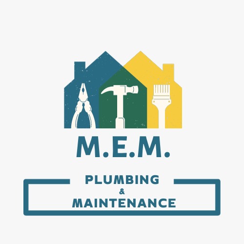M.E.M. Plumbing & Maintenance logo with house icon and tools on white background.