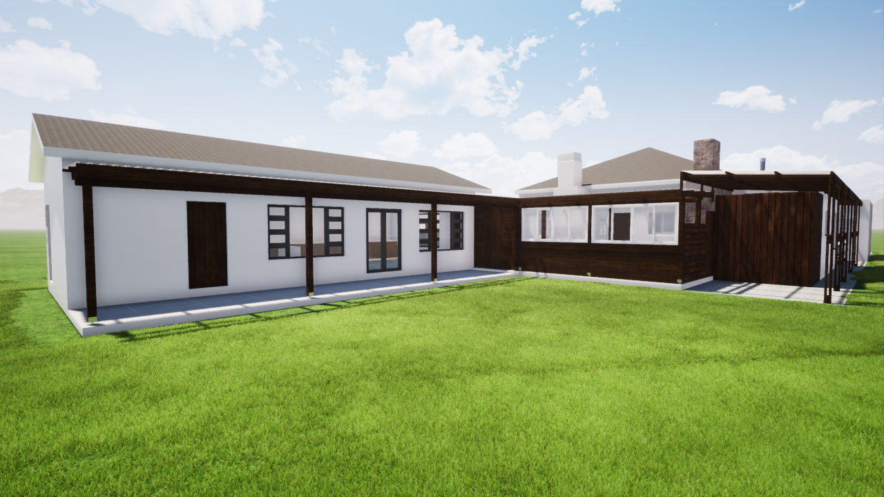Single-story residential design with white walls, dark wooden pergola, and pitched roof on grass lot.