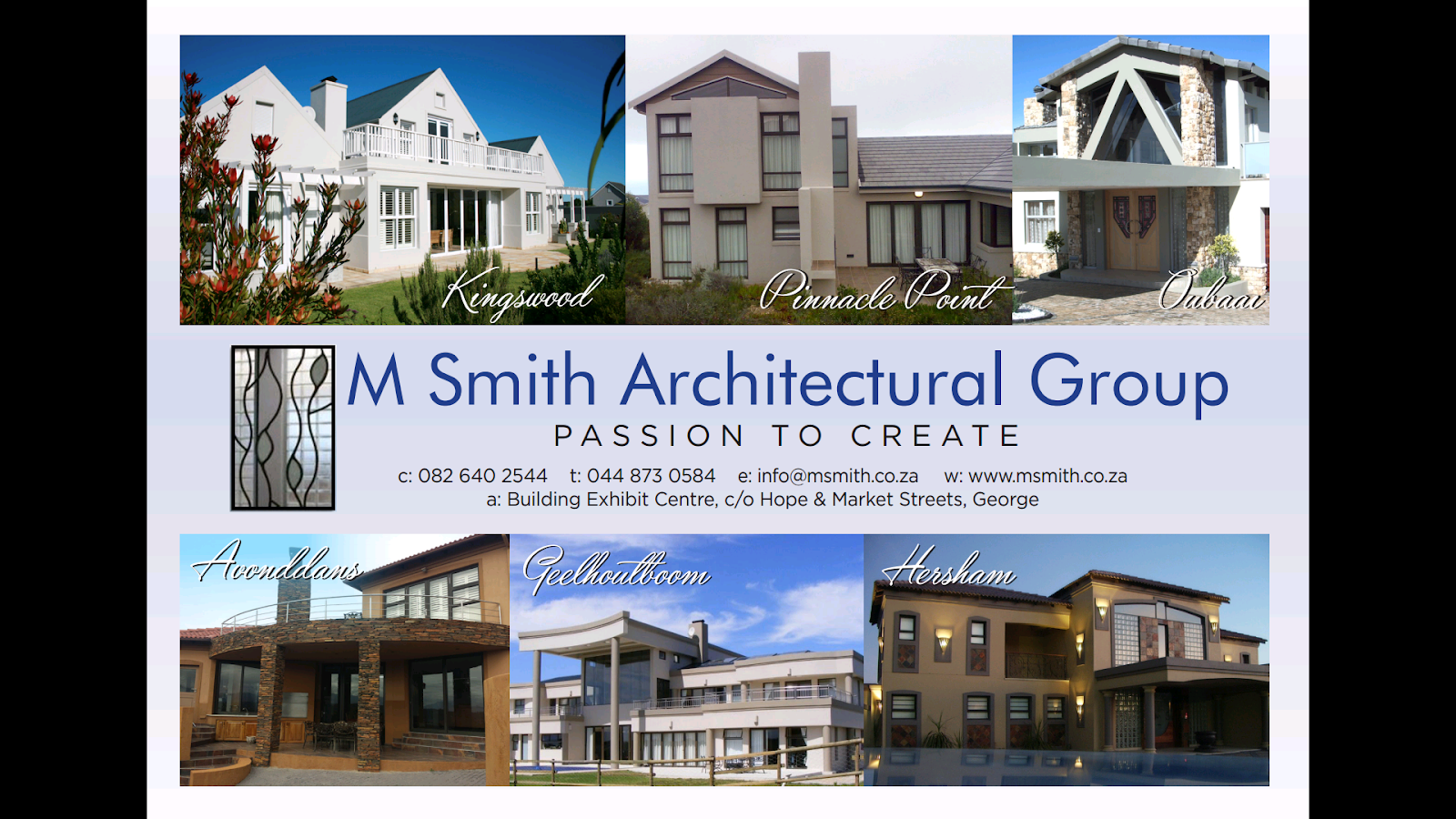 M Smith Architectural Group portfolio display showing six completed residential projects with contact information.