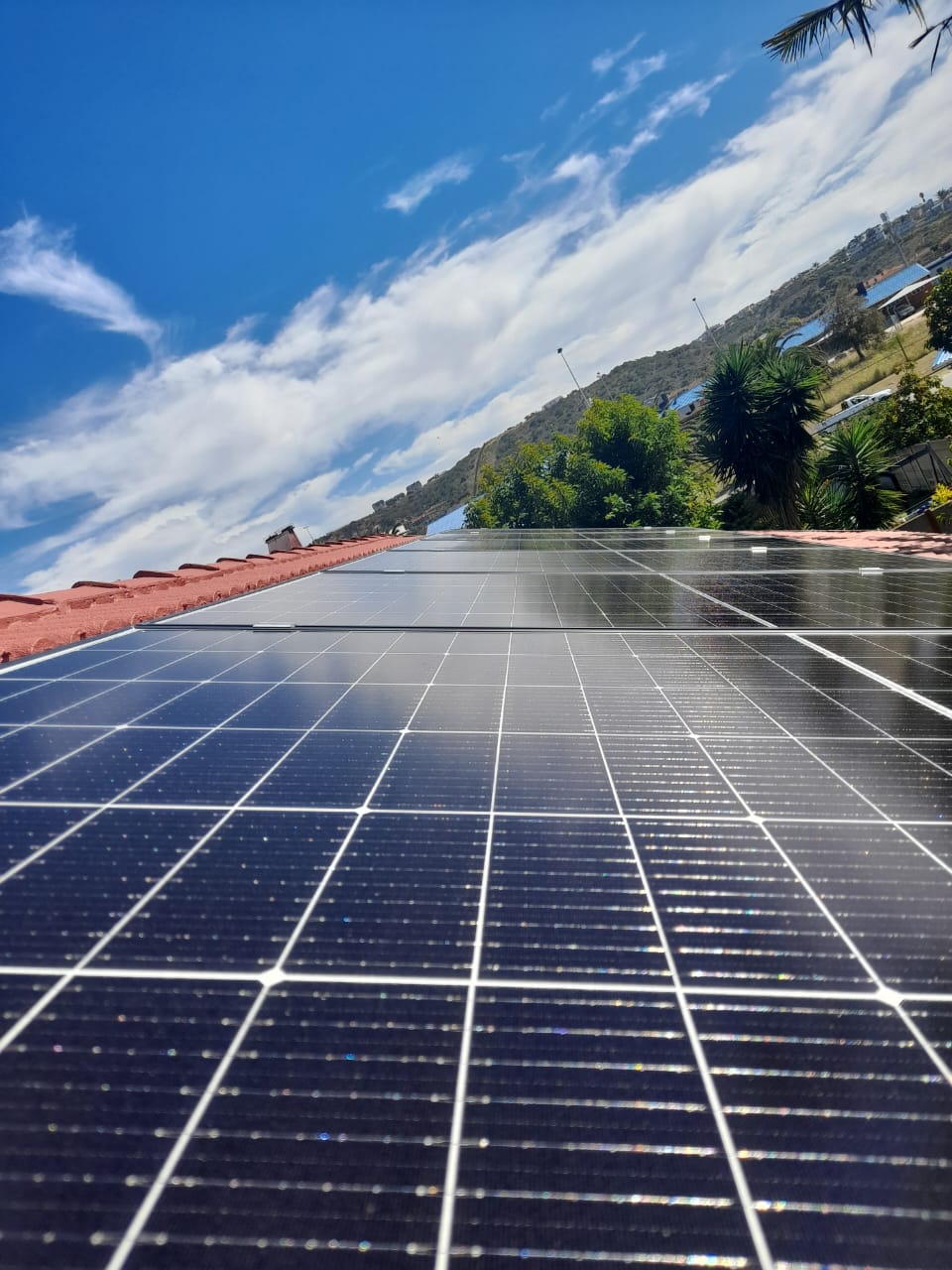 Large-scale solar panel array installed on red tile roof with hillside landscape and palm trees visible.