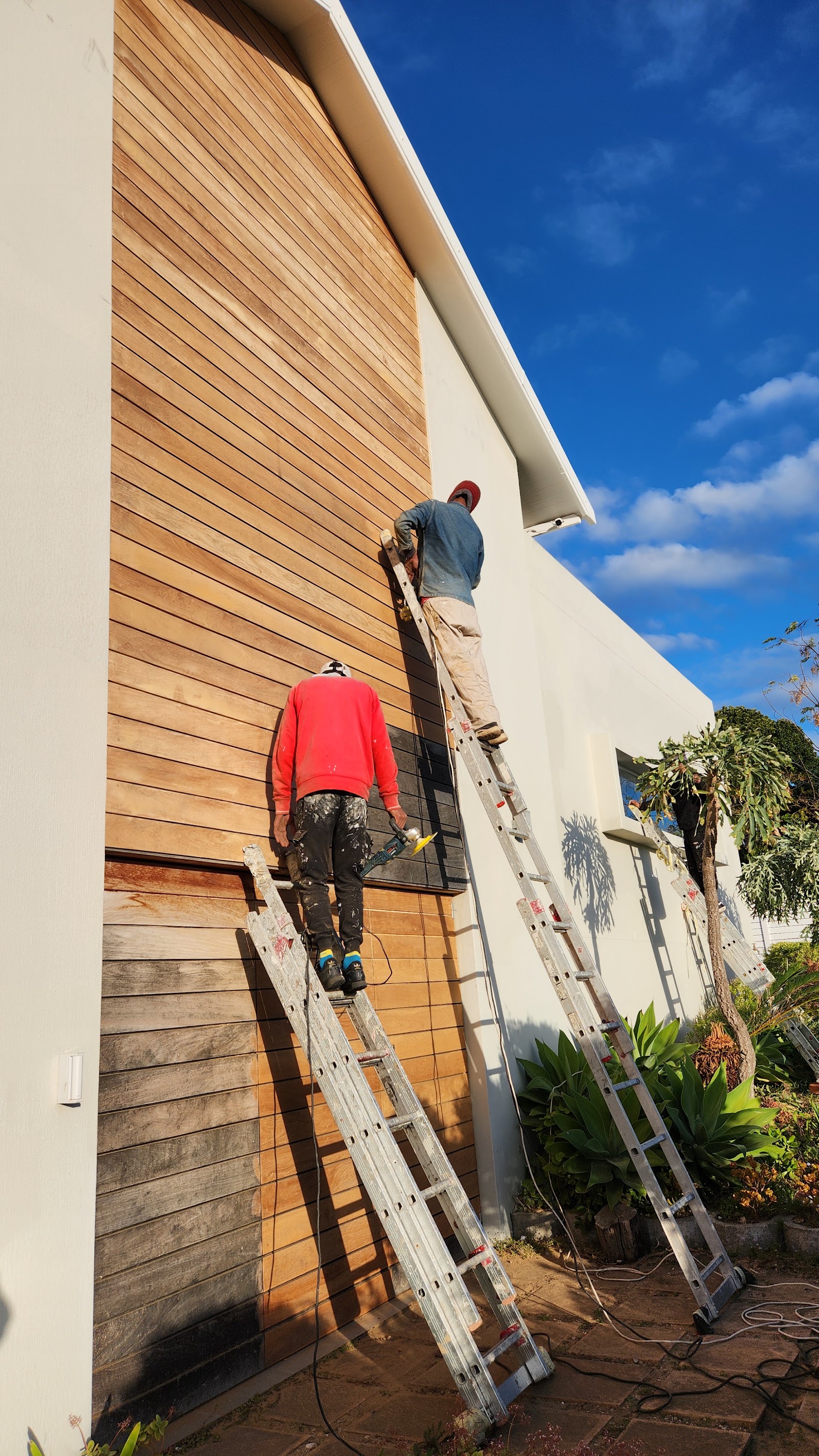 Two workers on ladders installing timber cladding to building exterior using safety equipment.