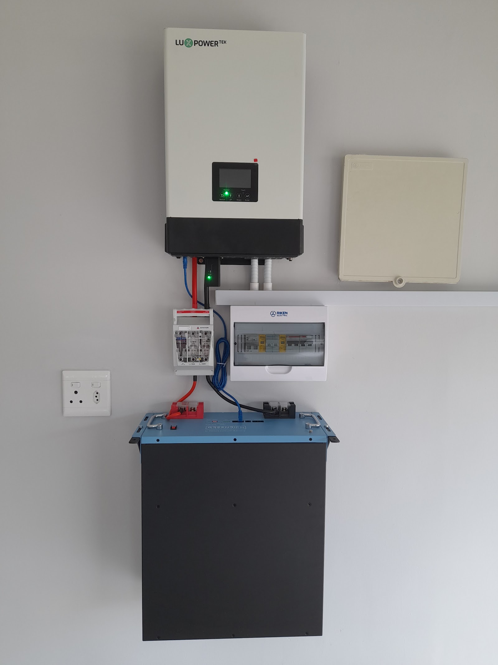 LU POWERTEK inverter mounted above ORIEN electrical panel with blue base installation.