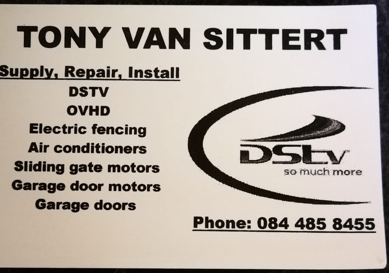 Tony Van Sittert business card advertising DSTV, OVHD, electric fencing, air conditioners, and gate motors.